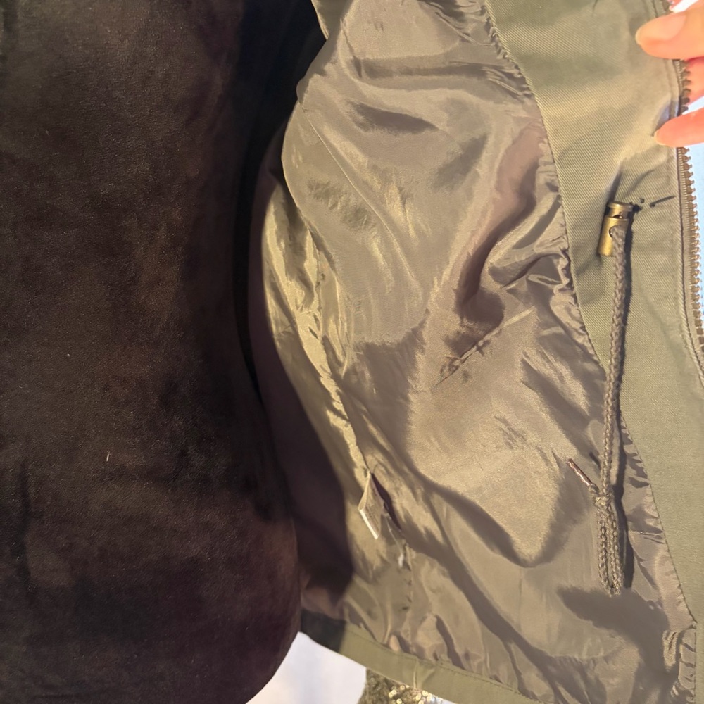 Quinn Olive Green Utility Jacket Sequin Sleeves Snap Pockets Military Anorak L - Picture 9 of 16